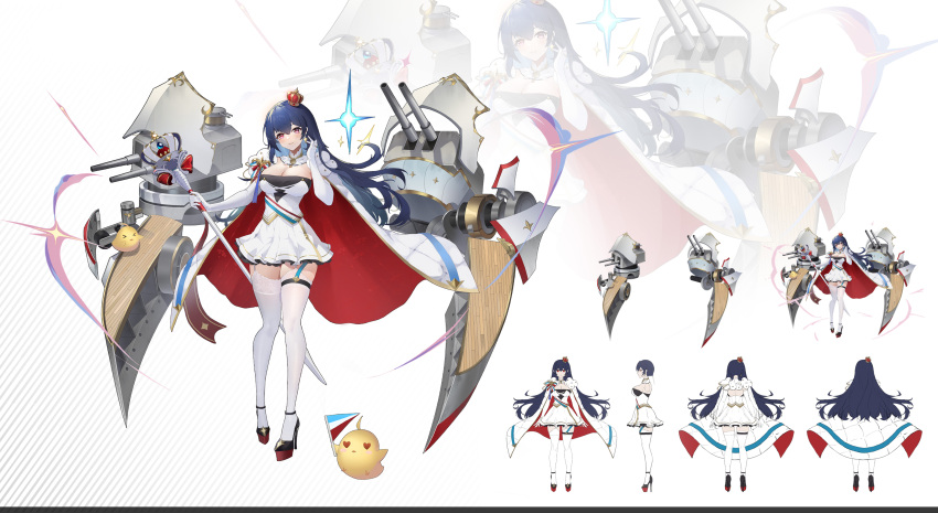 &gt;_&lt; 1girl absurdres artillery azur_lane black_footwear blue_hair breasts cape cleavage commentary_request crown dress elbow_gloves flag fleur-de-lis garter_straps gloves heart high_heels highres holding holding_flag holding_scepter lace-trimmed_thighhighs large_breasts long_hair looking_at_viewer manjuu_(azur_lane) microdress mini_crown original rigging scepter shoes short_dress simple_background sketch solo thighhighs turret white_background white_dress white_garter_straps white_gloves white_thighhighs wuyawu