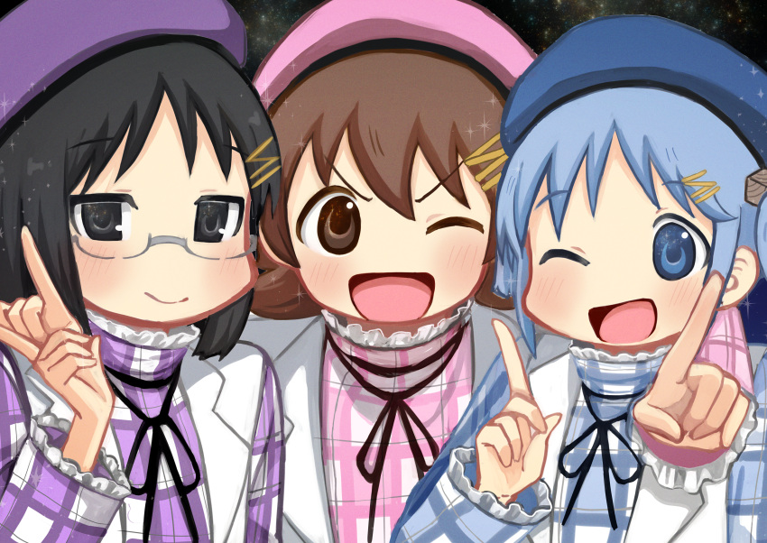 3girls absurdres aioi_yuuko beret black_eyes black_hair black_ribbon blue_eyes blue_hair blue_headwear blue_ribbon blue_shirt blush brown_eyes brown_hair closed_mouth cube_hair_ornament galaxy galaxy_background hair_ornament hairclip hat highres index_finger_raised looking_at_viewer minakami_mai multiple_girls naganohara_mio naganoharamiomio nichijou one_eye_closed open_mouth pink_headwear pink_shirt plaid plaid_shirt purple_headwear purple_shirt red_ribbon ribbon shirt smile sparkle