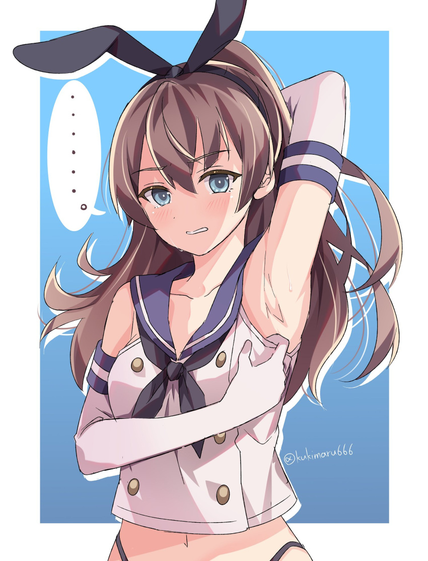 ... black_hairband black_neckerchief black_panties blue_eyes blue_sailor_collar brown_hair commentary_request cosplay crop_top elbow_gloves gloves hairband highleg highleg_panties highres kantai_collection kukimaru kumano_(kancolle) long_hair looking_at_viewer miniskirt neckerchief one-hour_drawing_challenge panties ponytail sailor_collar shimakaze_(kancolle) shimakaze_(kancolle)_(cosplay) shirt skirt sleeveless sleeveless_shirt spoken_ellipsis striped_clothes striped_thighhighs thighhighs underwear upper_body white_gloves wince