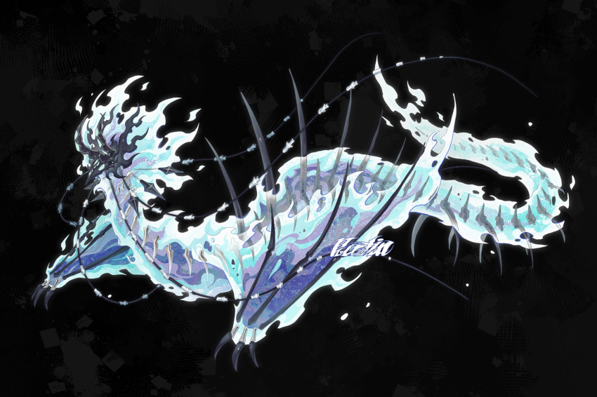 animal_focus aqua_eyes bairizuomeng blank_eyes blue_fire bone claws commission dragon extra_eyes fire from_side full_body highres horns monster no_humans original ribs solo spikes tail wings wyvern