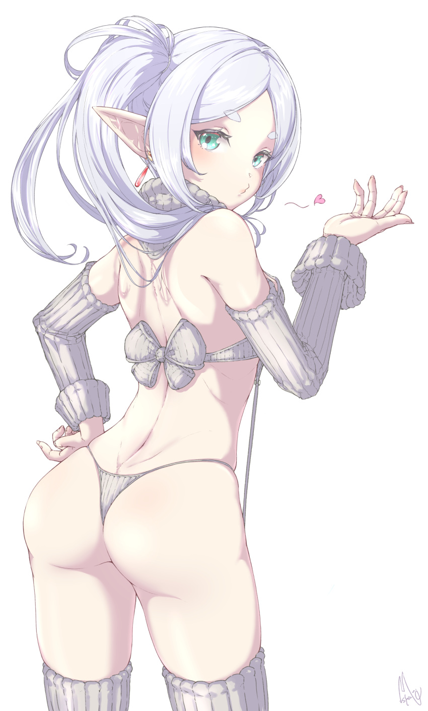 1girl absurdres ass ass_focus blowing_kiss breasts commentary_request dangle_earrings drop_earrings earrings elf frieren green_eyes grey_garter_straps highres jewelry long_hair looking_at_viewer meme_attire parted_bangs pointy_ears puckered_lips revealing_clothes ribbed_panties ribbed_sleeves ribbed_thighhighs simple_background small_breasts solo sousou_no_frieren syam_illust thick_eyebrows thong virgin_destroyer_sweater white_hair