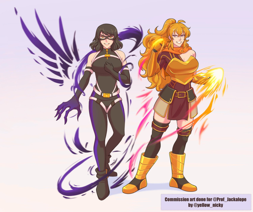 2girls ahoge bare_shoulders belt black_footwear black_hair black_pants blake_belladonna blonde_hair boots breasts cleavage commission dc_comics elbow_gloves fire gauntlets gloves highres justice_league mask multiple_girls pants rwby rwby_x_justice_league shadow short_hair simple_background smile twitter_username yang_xiao_long yellow_footwear yellow_nicky