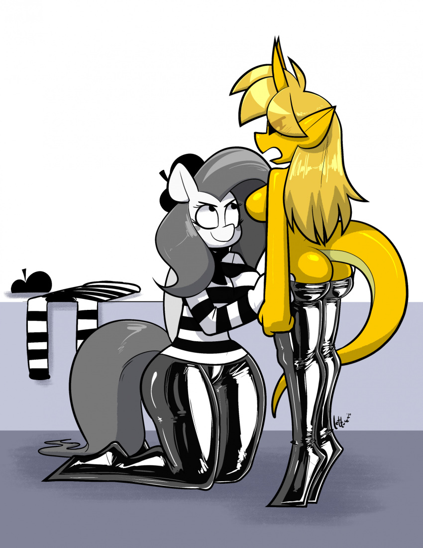 2020 anthro assisted_dressing beret big_breasts big_butt black_clothing black_latex black_leggings black_legwear blonde_hair breasts butt clothing dragon dream_searcher_(jortyguy) duo earth_pony equid equine female female/female friendship_is_magic glistening glistening_clothing glistening_latex glistening_leggings glistening_legwear grey_hair grey_tail hair hasbro hat headgear headwear hi_res hooves horn horse kneeling latex latex_clothing latex_legwear leggings legwear lettuce_(artist) long_hair mammal mime my_little_pony pattern_clothing pattern_topwear pinkie_pie_(mlp) pony scales scalie standing striped_clothing striped_topwear stripes tail thick_thighs topwear white_body wide_hips yellow_body yellow_horn yellow_scales