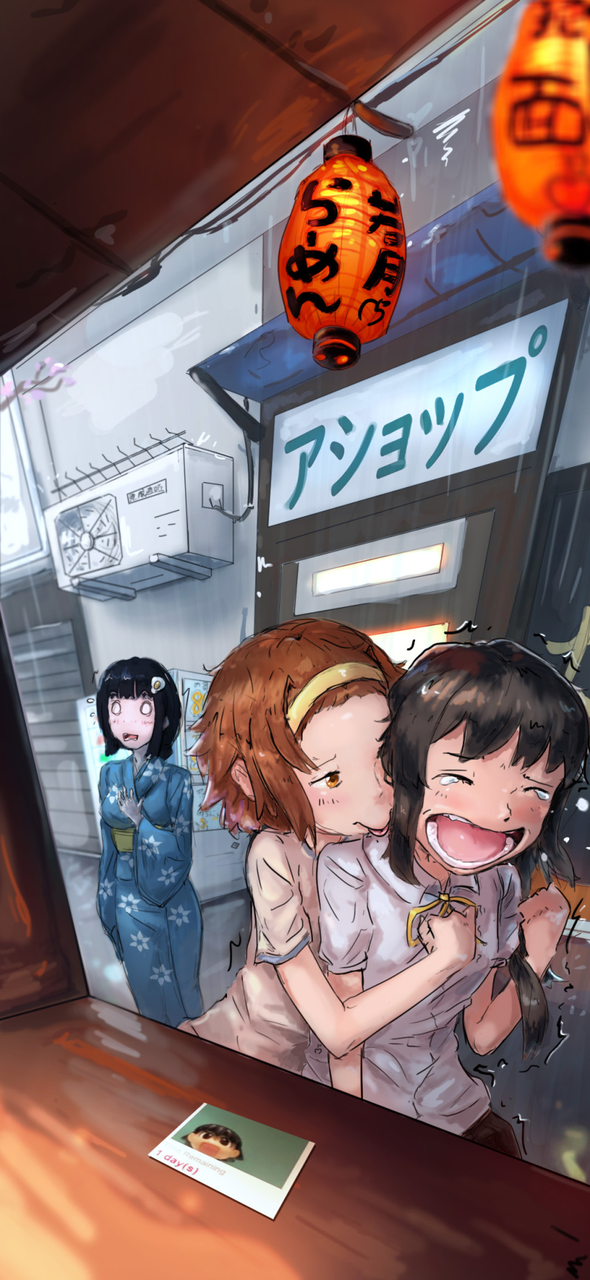 3girls air_conditioner akiyama_mio araragi_tsukihi biting black_hair brown_hair counter highres k-on! lantern liamickpie monogatari_(series) multiple_girls open_mouth paper_lantern shouting tainaka_ritsu tears