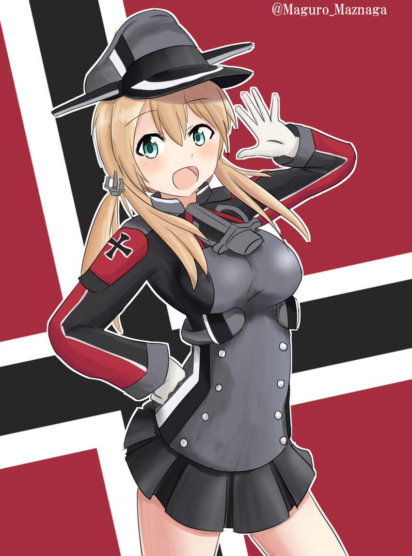 aqua_eyes artist_name black_skirt blonde_hair breasts buttons commentary_request contrapposto eyebrows eyebrows_visible_through_hair gloves hair_ornament hair_ribbon hat highres iron_cross kantai_collection long_sleeves matsunaga_maguro medium_breasts military military_hat military_uniform open_mouth pleated_skirt pose prinz_eugen_(kantai_collection) ribbon skirt solo standing twitter_username uniform white_gloves