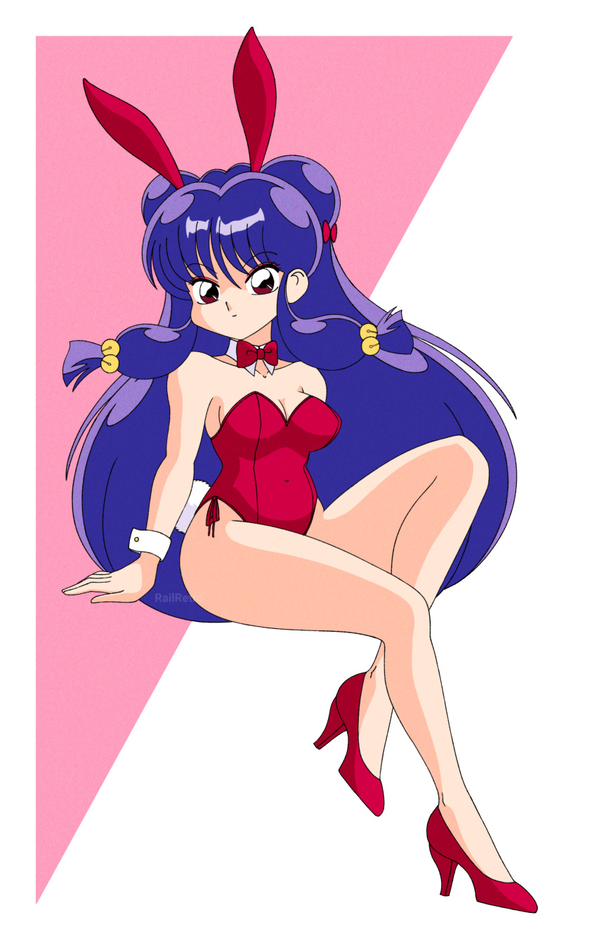 1980s_(style) 1girl absurdres animal_ears artist_request bow bowtie breasts brown_eyes high_heels highres leotard long_hair looking_at_viewer medium_breasts playboy_bunny purple_hair rabbit_ears ranma_1/2 retro_artstyle shampoo shampoo_(ranma_1/2) solo thighs wrist_cuffs