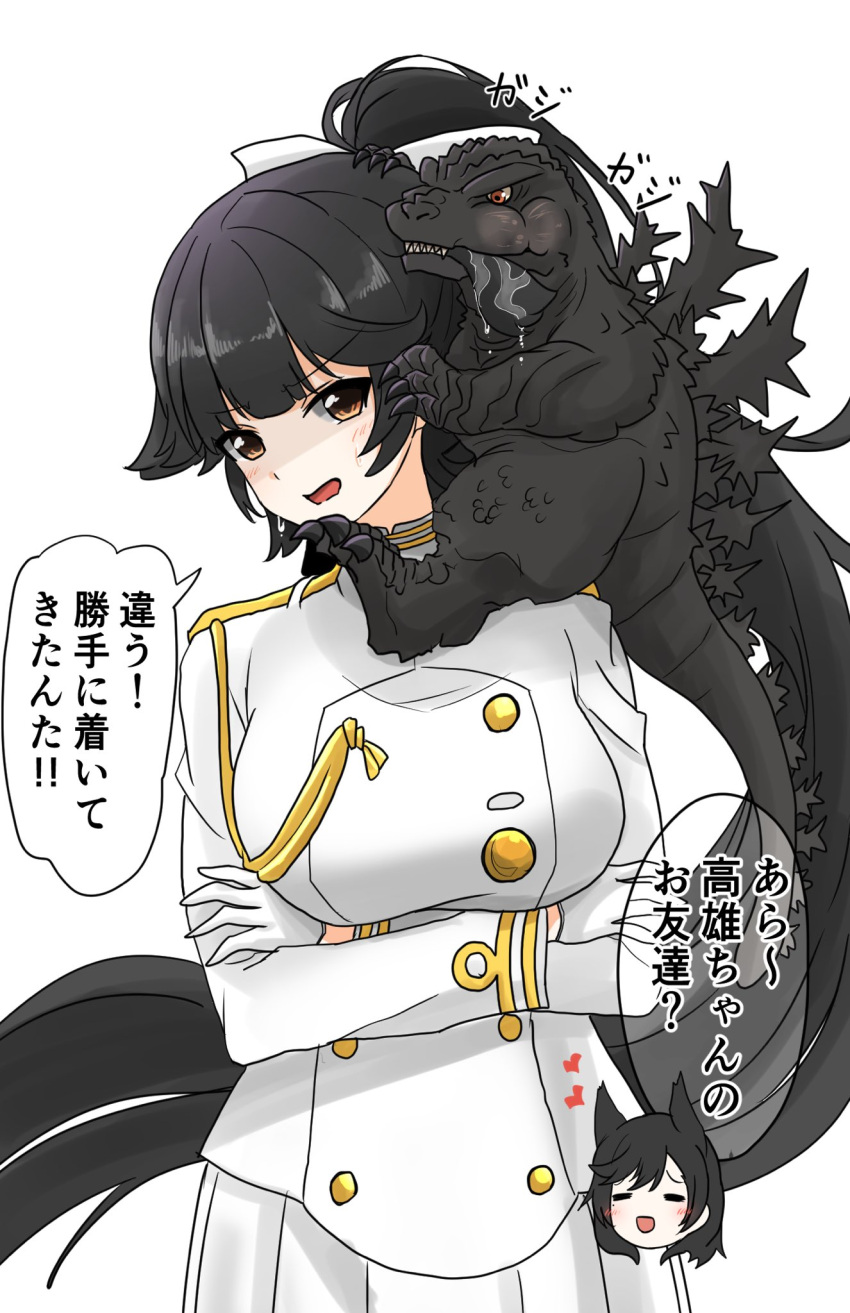 2girls atago_(azur_lane) azur_lane black_hair blush bow breasts brown_eyes crossed_arms embarrassed gloves godzilla godzilla_(series) godzilla_minus_one hair_bow hair_ears hair_flaps highres ibuki_(tulta_icon) kaijuu large_breasts long_hair military_uniform molestation multiple_girls open_mouth ponytail ribbon spines takao_(azur_lane) uniform very_long_hair white_bow white_ribbon