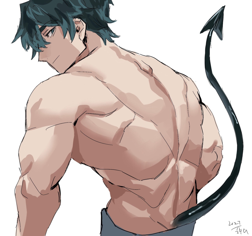 003_ssq 1boy back back_focus back_muscles bara cowboy_shot demon_tail from_behind green_hair highres looking_at_viewer male_focus muscular muscular_male original seductive_smile short_hair smile solo tail thick_eyebrows