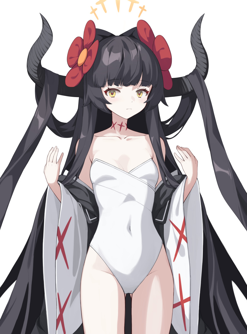 1girl absurdres black_hair blunt_bangs breasts closed_mouth collarbone covered_navel cowboy_shot diein_(djmax) djmax djmax_respect ellu flower grey_horns hair_flower hair_ornament highres horns japanese_clothes large_horns leotard long_hair long_sleeves looking_at_viewer off_shoulder oversized_flower partially_undressed red_flower simple_background small_breasts solo strapless strapless_leotard very_long_hair white_background white_leotard wide_sleeves yellow_eyes