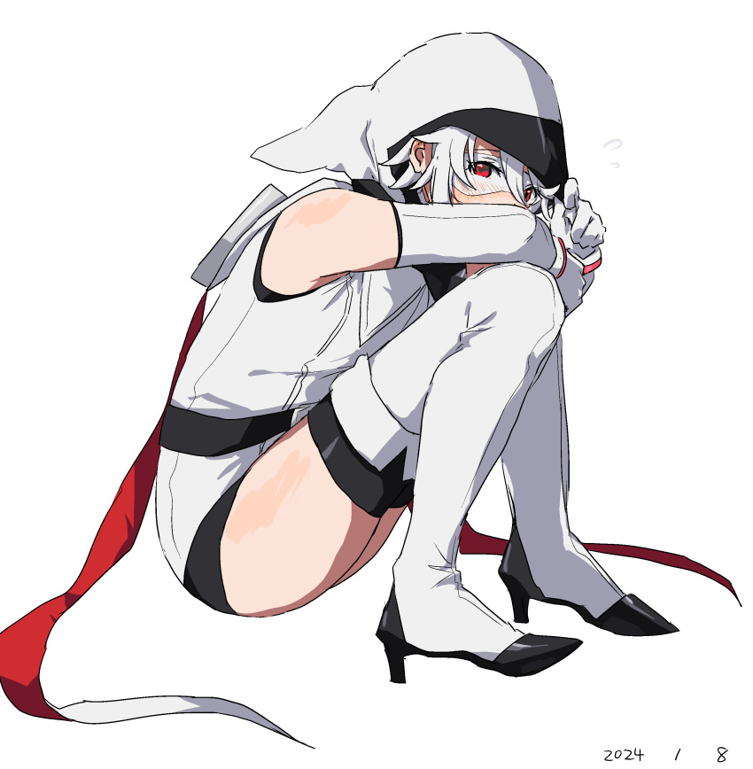 1girl absurdres ass bare_shoulders belt black_belt blush boots dated elbow_gloves eye_mask flying_sweatdrops from_side gloves high_heel_boots high_heels highres hood hood_up leotard red_eyes shy_(character) shy_(series) simple_background sitting sleeveless solo takatisakana thighhighs white_background white_gloves white_leotard white_thighhighs