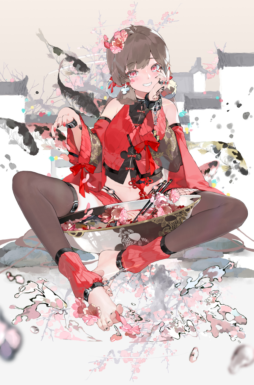 1girl :d absurdres bare_shoulders barefoot black_nails blush bodhi_wushushenghua breasts brown_hair chinese_clothes eyebrows_hidden_by_hair fish flower hair_flower hair_ornament highres looking_at_viewer navel original petals red_eyes red_nails sitting smile solo thighhighs