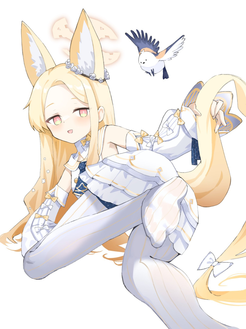 1girl :d animal_ear_fluff animal_ears bird blonde_hair blue_archive blush commentary_request cruciform_halo dress feet feet_up flower_wreath foot_focus forehead fox_ears grabbing_own_tail gradient_eyes halo highres long_hair looking_at_viewer multicolored_eyes no_shoes orange_eyes pantyhose ro/ku seia_(blue_archive) sleeve_bow sleeves_past_fingers sleeves_past_wrists smile soles solo striped_clothes striped_pantyhose tit_(bird) vertical-striped_clothes vertical-striped_pantyhose white_bird white_dress white_pantyhose yellow_eyes yellow_halo