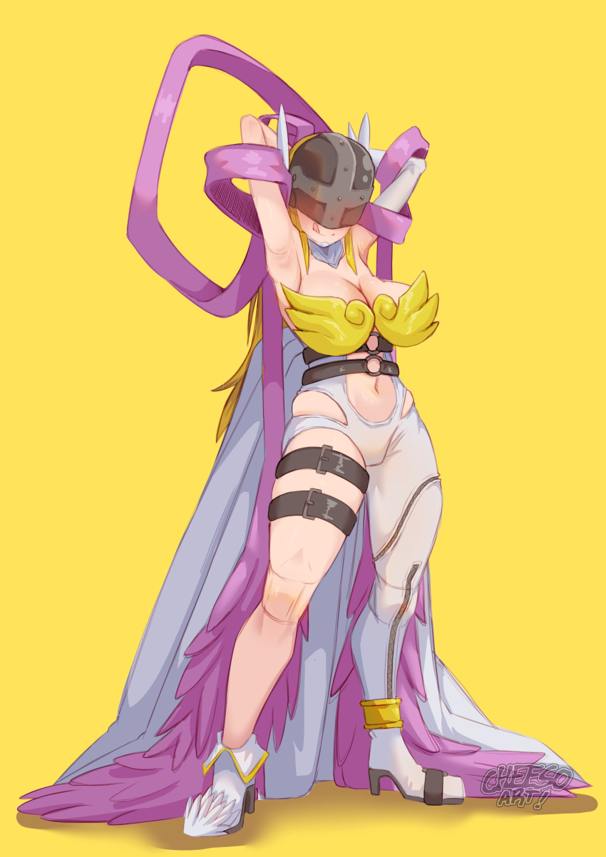 1girl :q absurdres angel_wings angewomon armpits arms_behind_head arms_up artist_name asymmetrical_legwear blonde_hair blush bodysuit breasts cheeso_art clothing_cutout commentary covered_eyes detached_collar digimon digimon_(creature) elbow_gloves english_commentary feathered_wings full_body gloves helmet helmet_over_eyes highres long_hair navel navel_cutout nose_blush ribbon simple_background single_elbow_glove skindentation smile solo thigh_strap tongue tongue_out watermark white_bodysuit white_gloves winged_helmet wings yellow_background