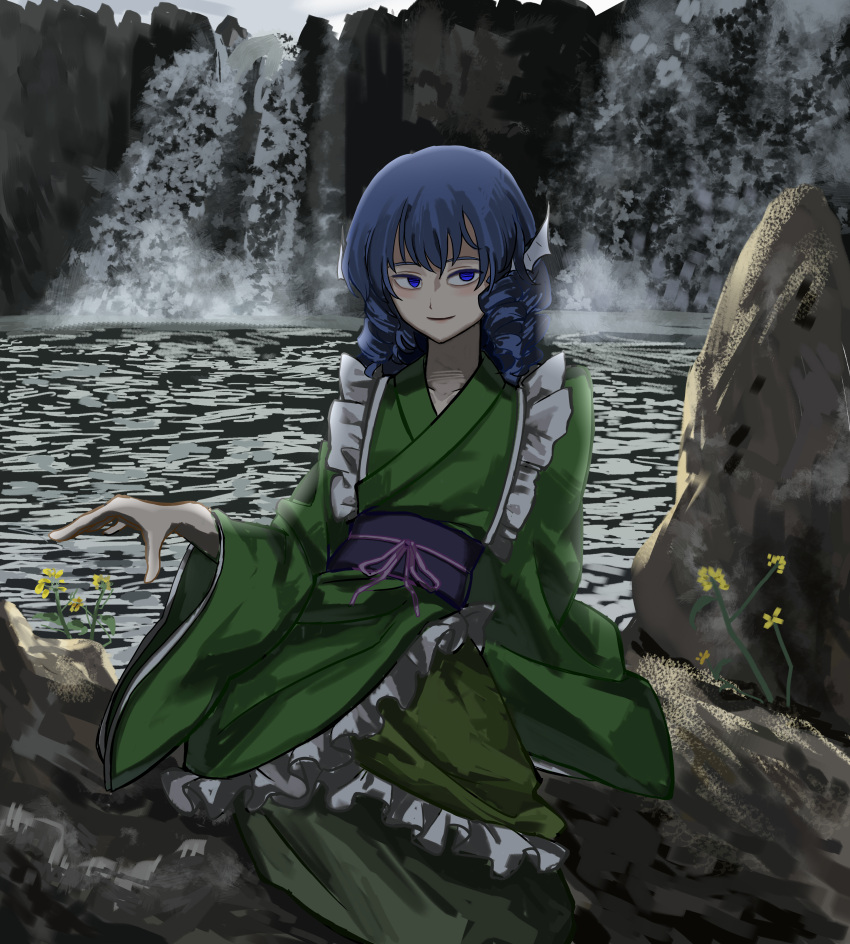 absurdres blue_eyes blue_hair fins flower frilled_kimono frills green_kimono head_fins highres japanese_clothes kimono landscape mermaid monster_girl outdoors rock touhou wakasagihime water waterfall yukine_0930