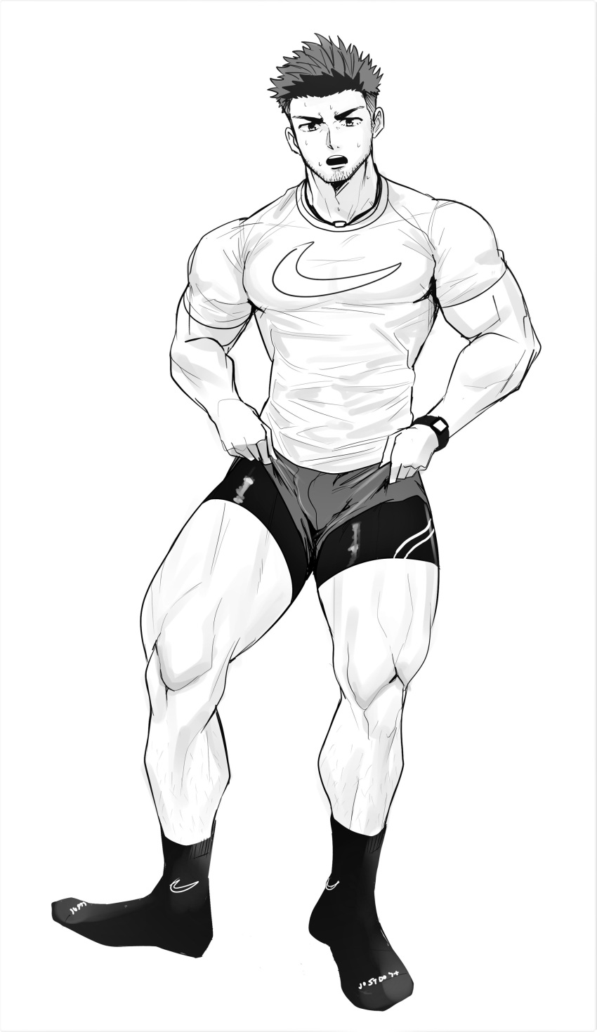 1boy absurdres bara bulge facial_hair full_body greyscale highres large_pectorals leggings_under_shorts lifted_by_self looking_at_viewer male_focus monochrome muscular muscular_male nike original pectorals shirt short_hair shorts_lift sideburns sideburns_stubble socks solo sparse_leg_hair sparse_stubble standing stubble thick_eyebrows thick_thighs thighs tight_clothes tight_shirt yottsuu_(wgnd2sywpqzrgjz)