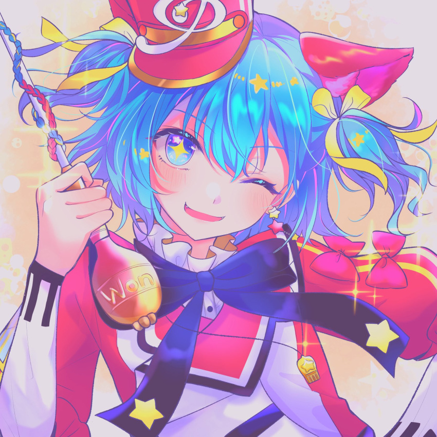 +_+ 1girl :d animal_ears black_bow black_bowtie blue_eyes blue_hair blush bow bowtie cane cat_ears dutch_angle fake_animal_ears fangs floating_hair hair_between_eyes hair_ribbon hand_on_own_hip hat hatsune_miku head_tilt highres holding holding_cane long_sleeves looking_at_viewer medium_hair one_eye_closed open_mouth pnyo_emc project_sekai puffy_long_sleeves puffy_sleeves red_headwear red_shirt ribbon shako_cap shirt sidelocks smile solo two_side_up upper_body vocaloid wonderlands_x_showtime_miku yellow_ribbon