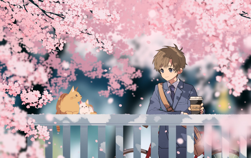 1boy animal arisa_(aren) bag bicycle blurry blurry_background blurry_foreground branch brown_bag brown_cat brown_hair buckle cat cherry_blossoms coffee coffee_cup collared_shirt commentary cup dappled_sunlight day disposable_cup drink falling_petals flower grey_eyes grey_jacket highres holding holding_drink jacket lapels long_sleeves looking_at_animal looking_to_the_side male_focus necktie original outdoors petals pink_flower plant purple_necktie railing school_bag shirt short_hair shoulder_bag shoulder_strap solo standing sunlight tree white_cat white_shirt wind