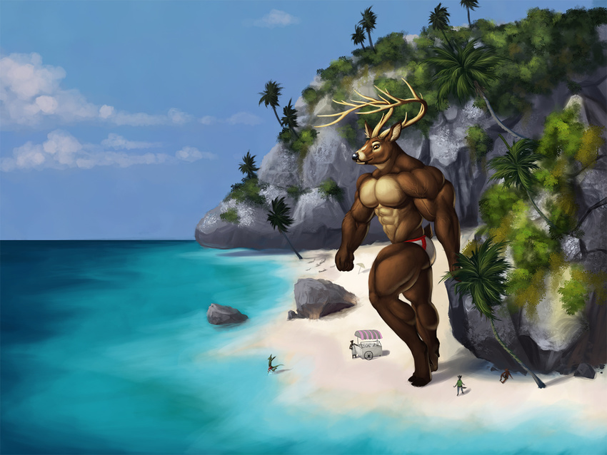 abs anthro antlers beach biceps big_muscles cervine clothed clothing deer horn macro male mammal muscular pecs seaside solo_focus speedo sugarboy swimsuit topless