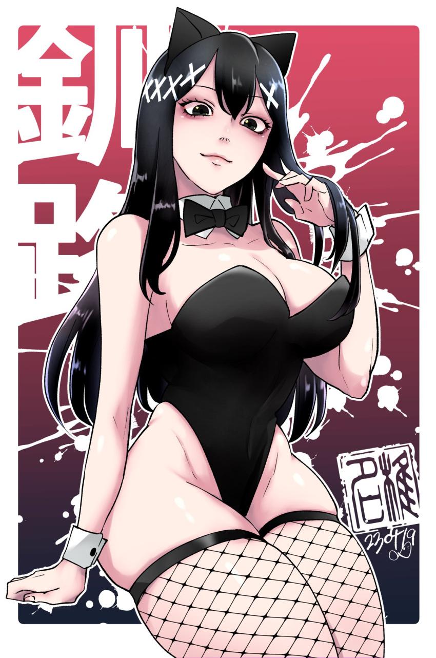 1girl animal_ear_hairband animal_ears artist_logo bare_shoulders black_bow black_bowtie black_eyes black_hair black_leotard border bow bowtie breasts cat_ear_hairband cat_ears character_name chouko_(waru) cleavage commentary_request cowboy_shot dated detached_collar fake_animal_ears fishnet_thighhighs fishnets gradient_background hair_ornament hairband hand_in_own_hair hand_up highres invisible_chair kushiro_(oide_yo_mahou_shoujo_mura) large_breasts leotard long_hair looking_at_viewer nontraditional_playboy_bunny oide_yo_mahou_shoujo_mura outline outside_border red_background sitting skindentation smile solo splatter_background strapless strapless_leotard thighhighs white_border white_outline wide_hips wrist_cuffs x_hair_ornament