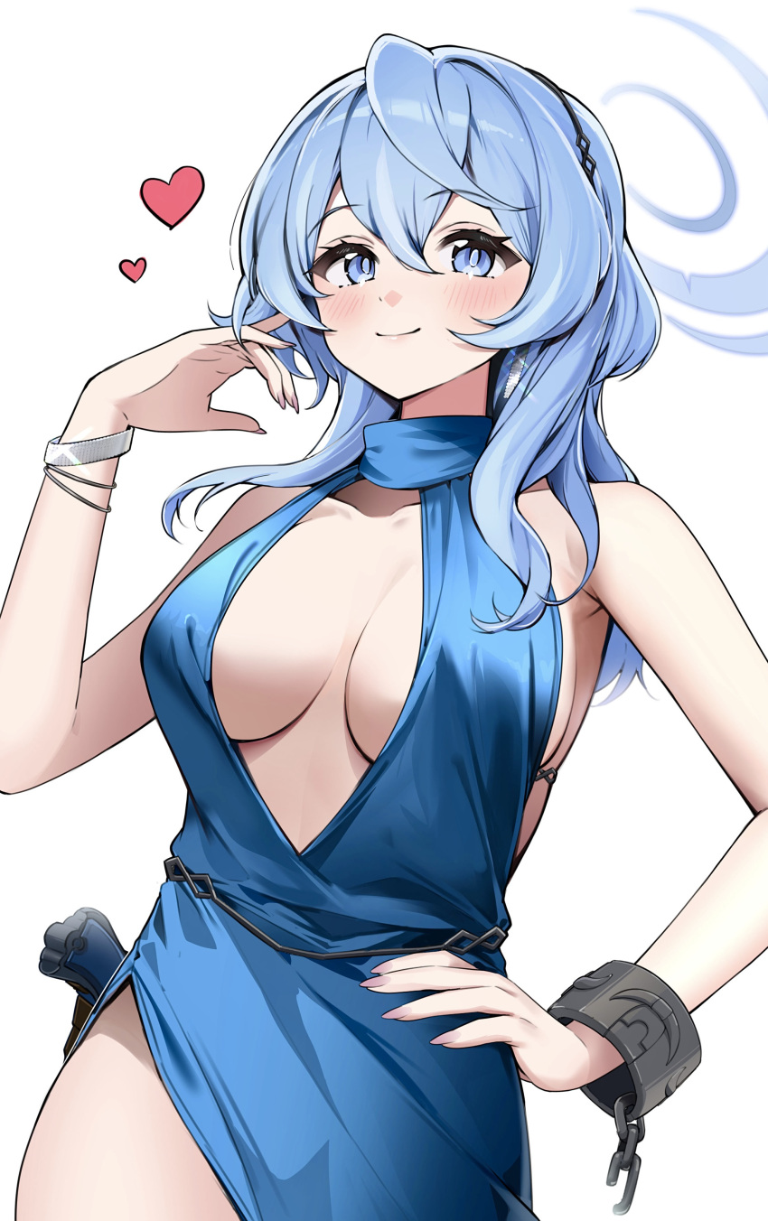 1girl absurdres ako_(blue_archive) ako_(dress)_(blue_archive) backless_dress backless_outfit blue_archive blue_dress blue_eyes blue_hair blue_halo blush breasts closed_mouth cowboy_shot cuffs dress hair_between_eyes halo handcuffs heart highres large_breasts long_hair official_alternate_costume sideboob simple_background sleeveless sleeveless_dress smile solo tate_yukimi white_background