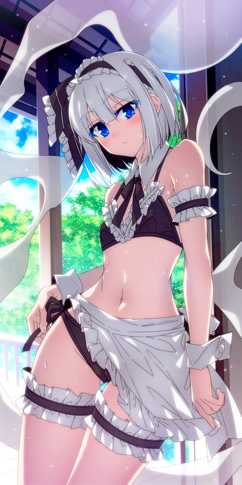 1girl absurdres apron bikini black_bikini black_hairband black_ribbon blue_eyes blush closed_mouth cowboy_shot flat_chest frilled_apron frills grey_hair hair_ribbon hairband highres hitodama konpaku_youmu konpaku_youmu_(ghost) maid maid_apron maid_bikini navel ribbon sazanami_mio short_hair solo swimsuit touhou unconventional_maid white_apron