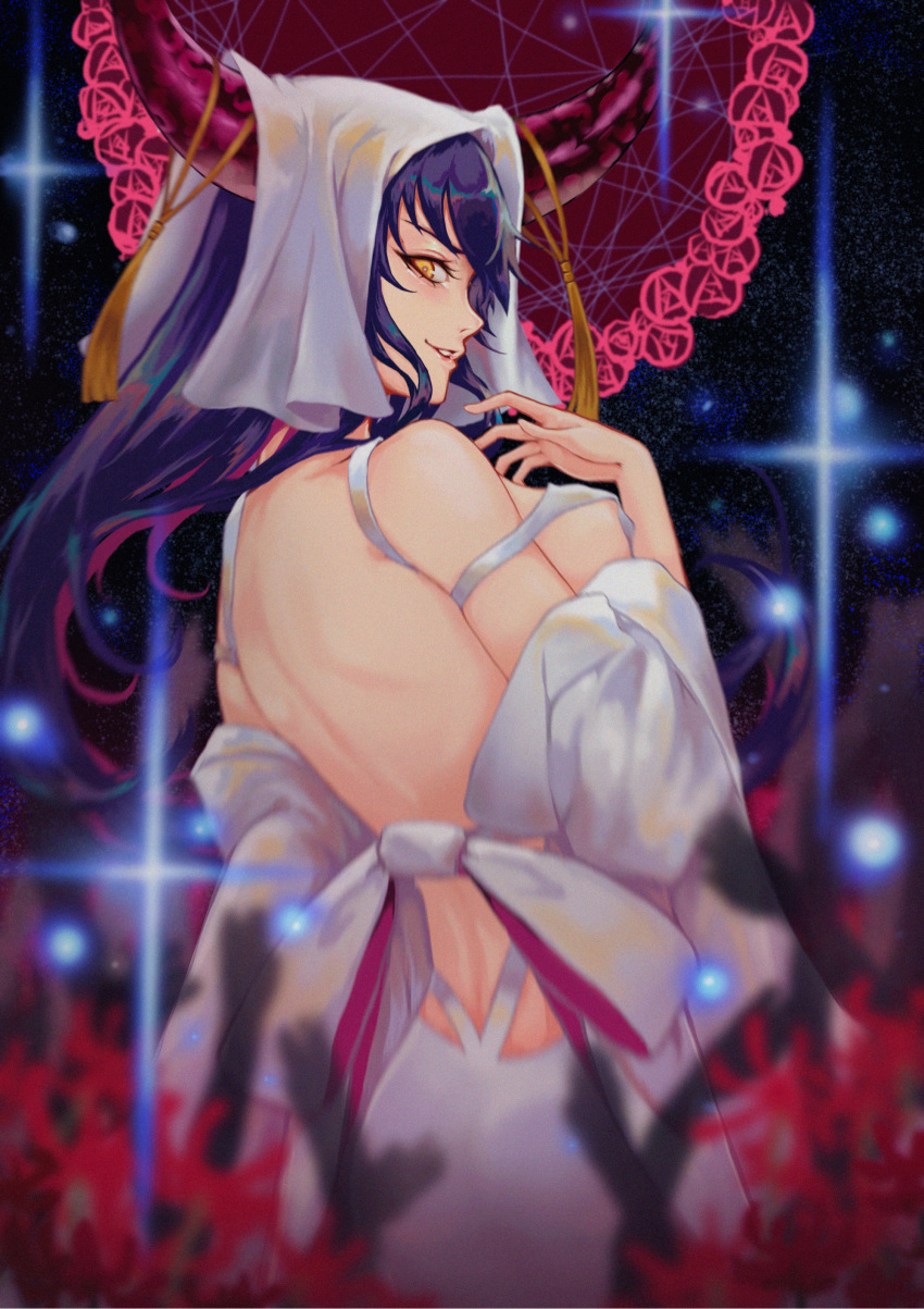 1girl absurdres arm_at_side back backless_dress backless_outfit black_hair black_horns breasts chinese_commentary commentary_request cowboy_shot detached_sleeves dress fate/extra fate/extra_ccc fate/grand_order fate_(series) flower from_side grin hand_up highres horn_ornament horn_ring horns kaibab large_breasts large_horns long_hair long_sleeves looking_at_viewer looking_back multicolored_hair multicolored_horns pink_hair pink_horns profile red_flower sessyoin_kiara sideboob smile solo space spider_lily star_(sky) streaked_hair tassel white_dress white_veil wide_sleeves yellow_eyes