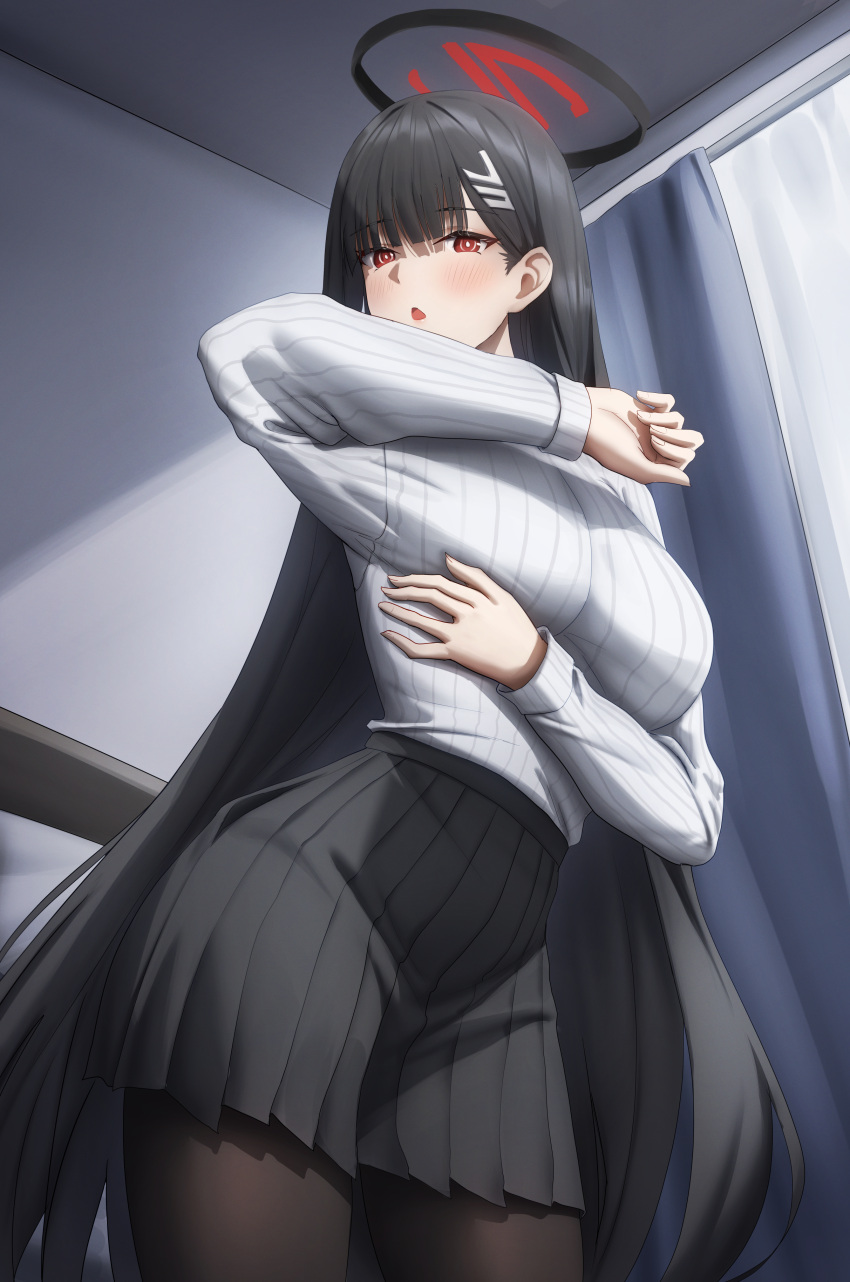 1girl :o absurdres black_pantyhose black_skirt blue_archive blush breasts bright_pupils gileu hair_ornament halo hasumi_(blue_archive) highres indoors large_breasts long_hair long_sleeves looking_at_viewer open_mouth pantyhose pleated_skirt red_eyes skirt solo sweater sweater_tucked_in white_pupils white_sweater