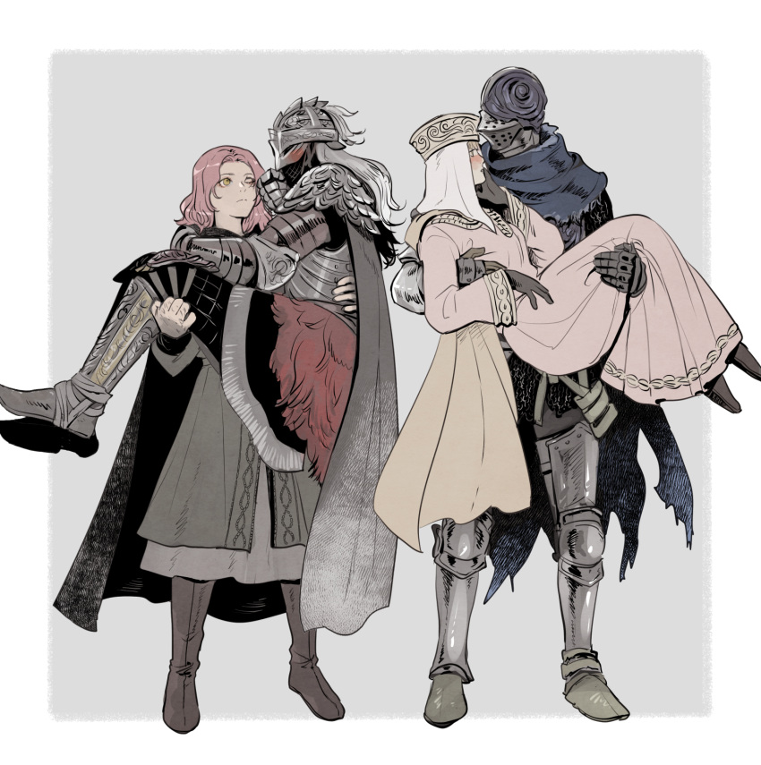 2boys 2girls armor armored_boots black_cape blonde_hair blue_scarf blush boots breasts brown_footwear cape carrying character_request check_character coat commentary_request covered_face dress elden_ring embarrassed facial_mark facing_to_the_side full_armor full_body gauntlets gloves grey_background grey_cape grey_coat grey_dress grey_gloves grey_pants hand_on_another's_back hand_on_another's_shoulder hand_on_own_face hat height_difference helmet highres kero_1110 knee_boots lady_tanith_(elden_ring) long_hair looking_at_another melina_(elden_ring) multiple_boys multiple_girls one_eye_closed outside_border pants pauldrons pink_hair plate_armor princess_carry profile roundtable_knight_vyke scarf shoulder_armor simple_background standing tarnished_(elden_ring) thigh_boots veil white_dress white_hair