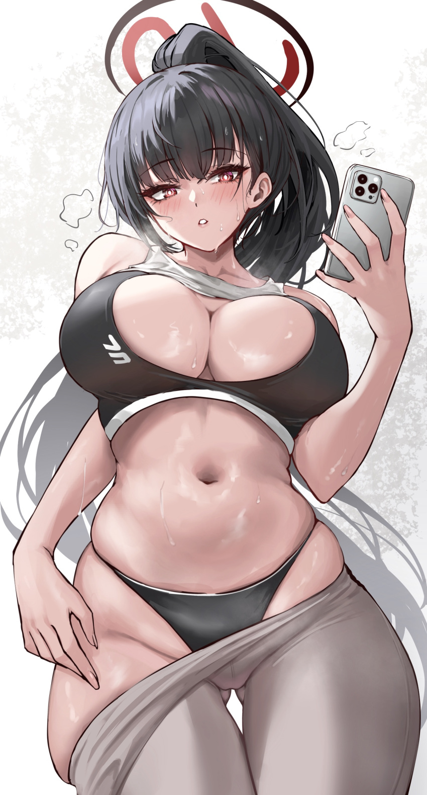 1girl absurdres alternate_costume ass_visible_through_thighs black_hair black_panties black_sports_bra blue_archive blush breasts cellphone cleavage collarbone duchessofarmeria fingernails grey_leggings groin halo highres holding holding_phone large_breasts leggings long_hair looking_at_viewer navel panties phone ponytail red_eyes rio_(blue_archive) simple_background skindentation solo sports_bra steam stomach sweat thigh_gap underwear very_long_hair white_background