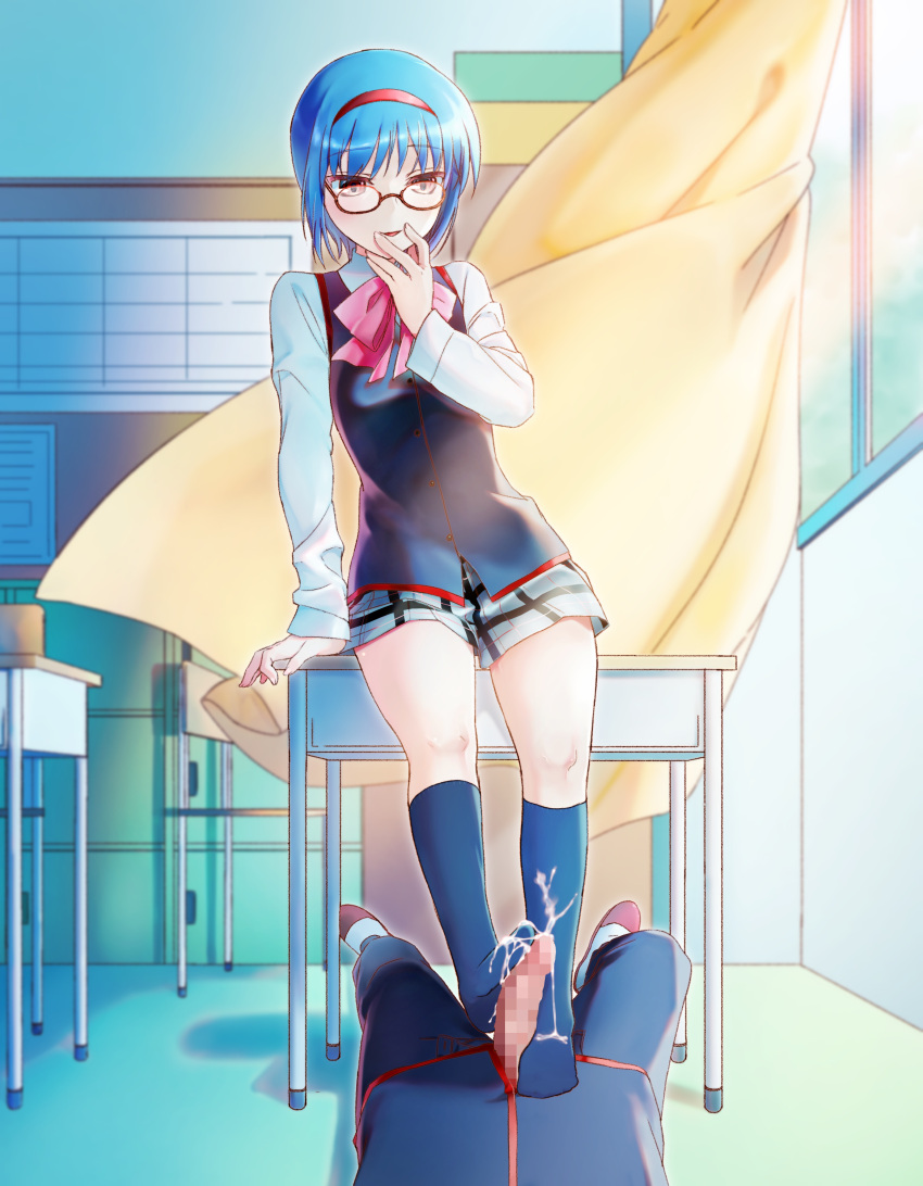 1boy 1girl absurdres arm_at_side arm_support bare_legs bespectacled black_socks black_vest blue_hair blush bow censored classroom commentary commission cum cum_on_clothes curtains desk erection feet finger_to_mouth footjob full_body glasses grey_skirt hair_between_eyes hairband hand_up highres kneehighs legs little_busters! little_busters!_school_uniform long_sleeves looking_at_penis looking_down lying miniskirt mosaic_censoring natsuoto_rito nishizono_midori no_shoes on_back open_mouth penis pink_bow plaid plaid_skirt red-framed_eyewear red_eyes red_hairband round_eyewear school_desk school_uniform shirt short_hair skeb_commission skirt smile socks solo_focus standing summer_uniform thighs two-footed_footjob variant_set vest white_shirt wind