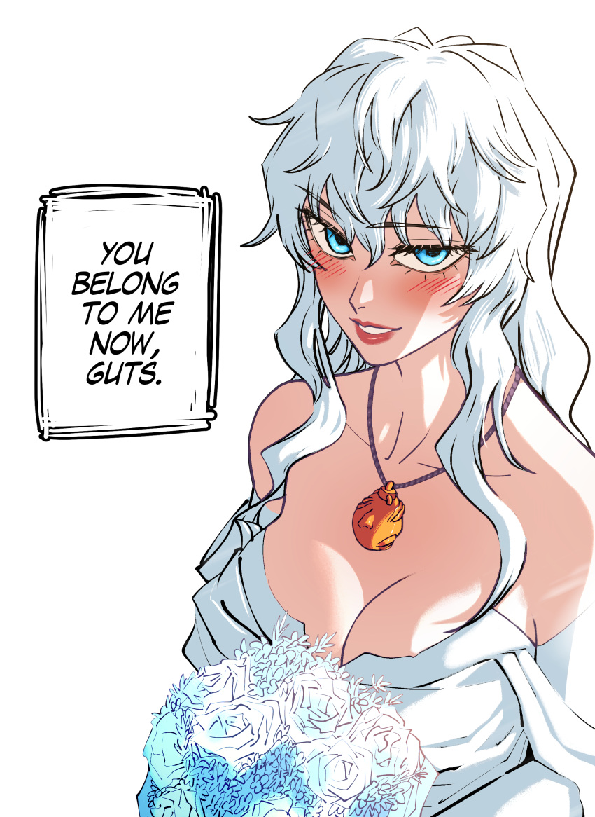 1girl absurdres bare_shoulders berserk blue_eyes blush bouquet breasts cleavage dingotoad dress english_text flower genderswap genderswap_(mtf) griffith_(berserk) highres holding holding_bouquet jewelry lips necklace parted_lips rose sidelocks simple_background solo teeth white_background white_dress white_flower white_hair white_rose