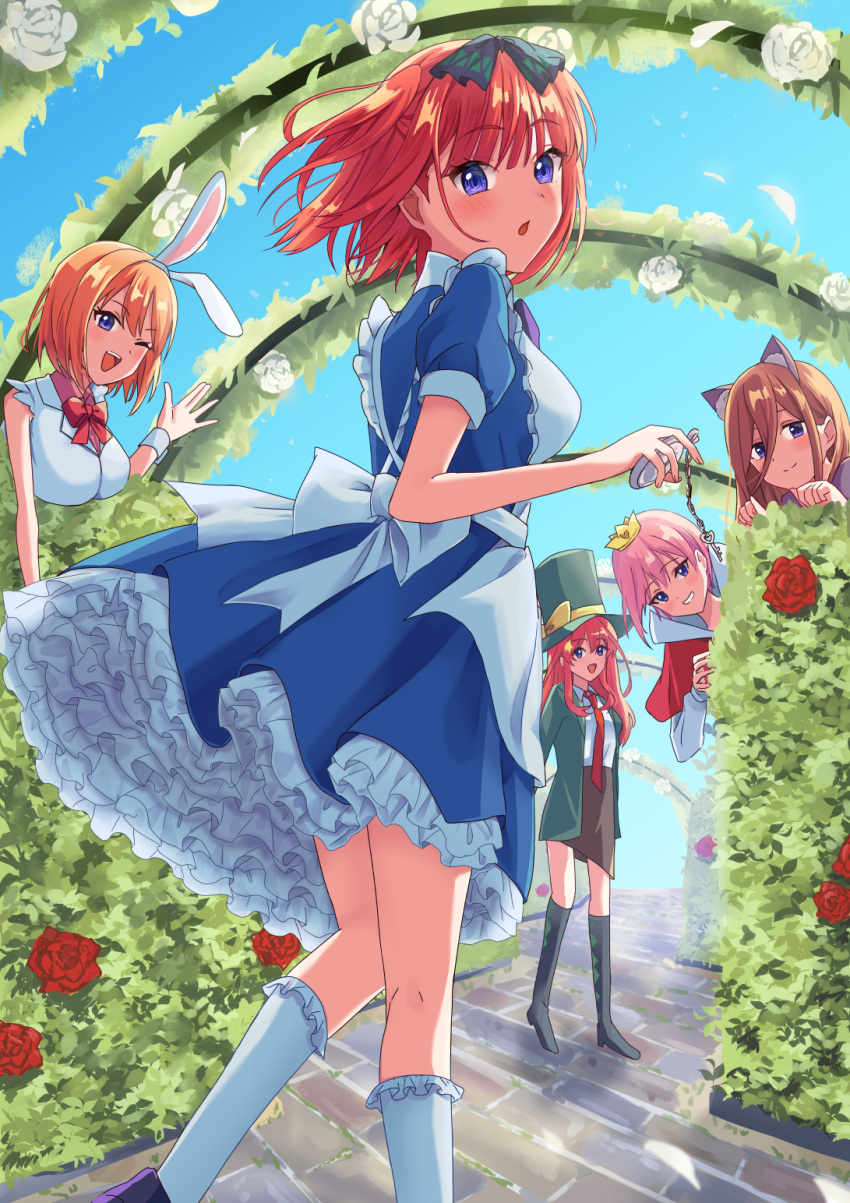 5girls :d ;d alice_in_wonderland alternate_costume animal_ears black_footwear blue_dress blue_eyes blue_sky boots brown_hair brown_skirt butterfly_hair_ornament capelet commentary_request crown dress flower garden go-toubun_no_hanayome green_headwear green_jacket grin hair_between_eyes hair_ornament hair_ribbon hedge highres holding holding_pocket_watch jacket key kisara_keyy knee_boots kneehighs large_hat long_hair looking_at_viewer multiple_girls nakano_ichika nakano_itsuki nakano_miku nakano_nino nakano_yotsuba necktie one_eye_closed orange_hair peeking_out pink_hair pocket_watch quintuplets rabbit_ears red_capelet red_flower red_hair red_necktie red_rose ribbon rose shirt short_hair siblings sisters skirt sky smile socks two_side_up watch white_shirt white_socks wolf_ears