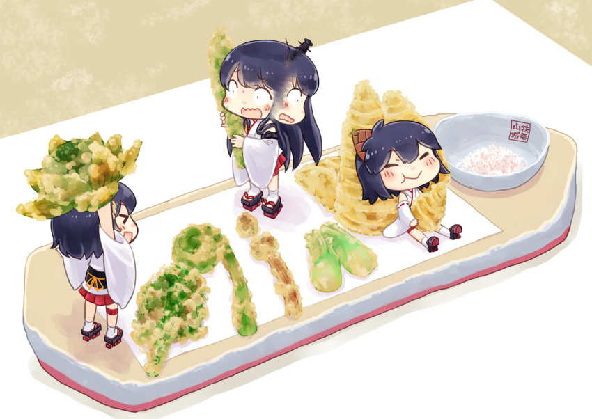 &gt;_&lt; 3girls =v= bamboo_shoot bangs black_hair blush bowl chibi closed_mouth commentary_request detached_sleeves dual_persona eating eyebrows_visible_through_hair food fusou_(kantai_collection) geta hair_between_eyes hair_flaps hair_ornament headgear hinata_yuu holding holding_food japanese_clothes kantai_collection long_sleeves looking_at_another multiple_girls nontraditional_miko open_mouth short_hair shrimp shrimp_tempura smile socks standing tempura tray white_legwear wide_sleeves yamashiro_(kantai_collection)