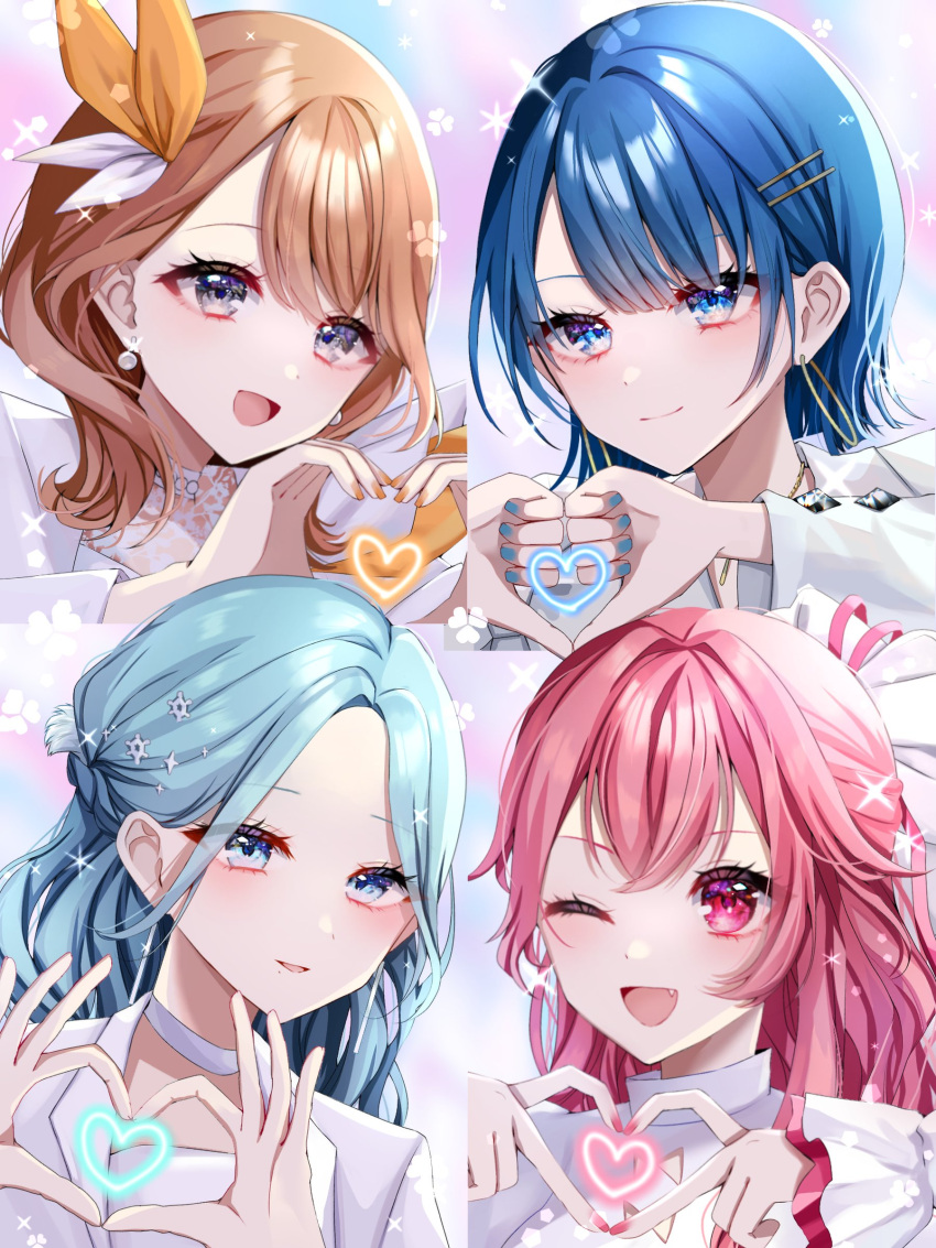 4girls :d absurdres blue_eyes blue_hair blush brown_hair choker closed_mouth dot_nose earrings eyeliner forehead grey_eyes hair_ornament hair_ribbon hairpin half_updo hanasato_minori heart heart_hands highres hinomori_shizuku hoop_earrings jacket jewelry kiritani_haruka long_hair looking_at_viewer makeup medium_hair momoi_airi more_more_jump!_(project_sekai) multiple_girls one_eye_closed open_clothes open_jacket open_mouth orange_ribbon parted_bangs pearl_earrings pink_eyes pink_hair portrait project_sekai red_eyeliner ribbon short_hair smile szmymsz white_choker white_jacket white_ribbon