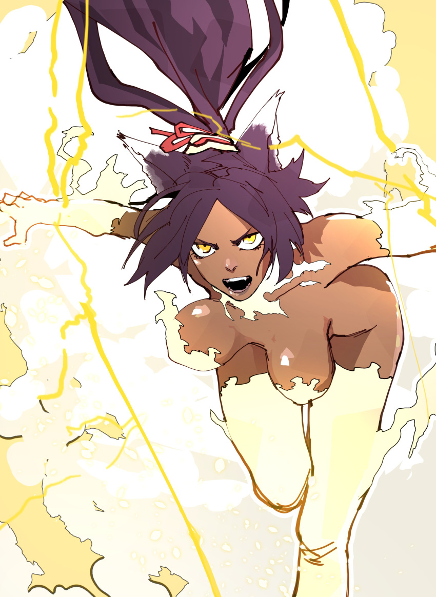 1girl absurdres alternate_form animal_ears bare_shoulders bent_over bleach bouncing_breasts breasts breasts_apart cat_ears covered_nipples dark-skinned_female dark_skin elbow_gloves electricity electrokinesis fangs fiery_background fiery_nipples fire floating_hair foot_out_of_frame forehead gloves hanging_breasts highres imminent_jump isaacchief300 large_breasts lightning looking_up nude open_mouth outstretched_arm parted_bangs ponytail purple_hair shihouin_yoruichi solo teeth thighhighs v-shaped_eyebrows yellow_eyes yellow_fire