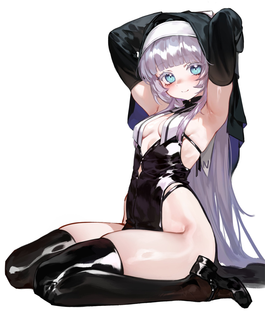 1girl absurdres alternate_costume armpits arms_behind_head arms_up black_dress black_footwear black_panties black_sleeves black_thighhighs blue_eyes blunt_bangs blush breasts closed_mouth coif colored_eyelashes commentary cutout_above_navel detached_sleeves diamond_cutout dress english_commentary foolish_potato from_side hair_down highres long_hair looking_at_viewer mary_janes nanakusa_nazuna_(yofukashi_no_uta) nun panties panty_straps pelvic_curtain purple_hair ringed_eyes shiny_clothes shoes simple_background sitting small_breasts smile solo string_panties thighhighs underwear very_long_hair wariza white_background yofukashi_no_uta