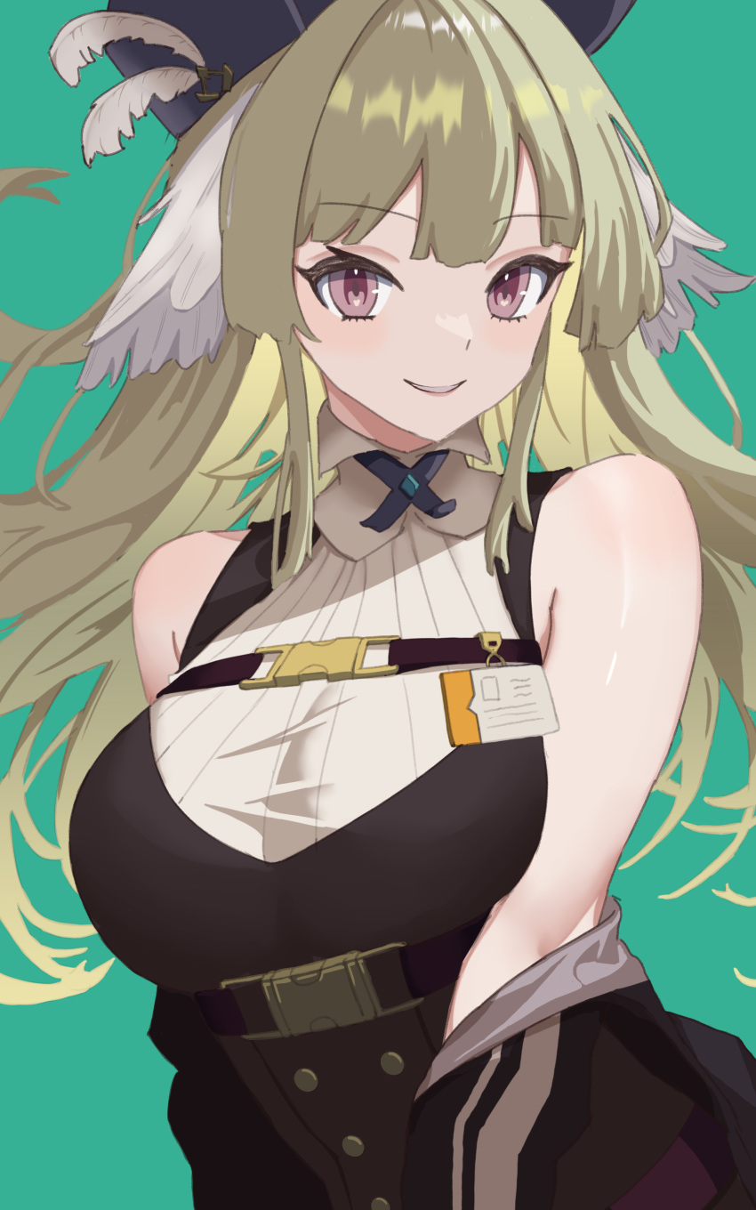 1girl absurdres arknights bare_shoulders binware black_headwear feathers green_background green_hair hat_feather highres long_hair looking_at_viewer poncirus_(arknights) purple_eyes shirt simple_background sleeveless sleeveless_shirt smile solo upper_body white_feathers