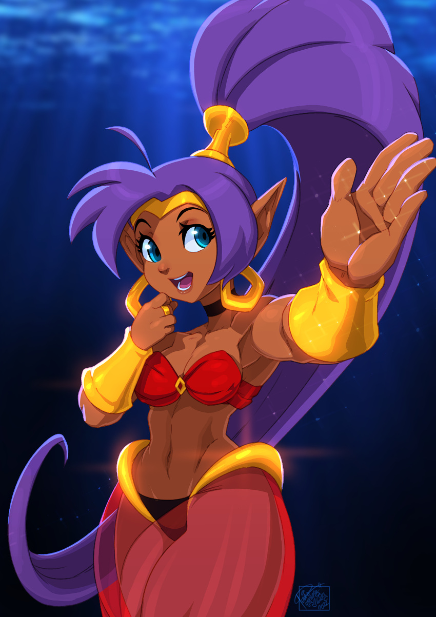 5_fingers absurd_res blue_eyes breasts cleavage clothed clothing dark_body dark_skin ear_piercing ear_ring female fingers genie hair hi_res humanoid humanoid_pointy_ears long_hair not_furry open_mouth open_smile piercing ponytail purple_hair ring_(jewelry) ring_piercing shantae shantae_(series) signature simple_background smile solo sparkles tovio_rogers wayforward