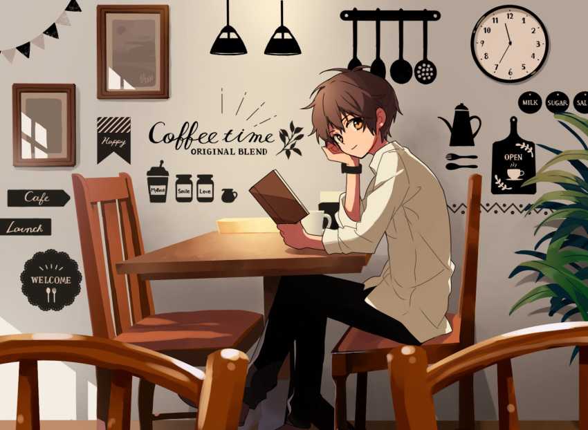 1boy arisa_(aren) black_eyes black_pants brown_hair cafe chair clock closed_mouth collared_shirt commentary crossed_legs cup dial earrings foot_out_of_frame hand_on_own_face head_rest highres holding indoors jewelry light_smile long_sleeves looking_at_viewer male_focus menu on_chair orange_eyes original pants picture_frame plant potted_plant shirt short_hair sitting sleeves_pushed_up solo sunlight table turning_head watch white_shirt wooden_chair wooden_table wristwatch