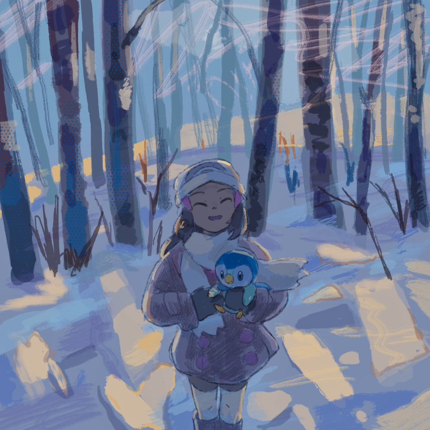 1girl backlighting beanie bike_shorts black_hair black_mittens boots coat dappled_sunlight dawn_(pokemon) day facing_viewer feet_out_of_frame forest hair_ornament hairclip hat highres holding holding_pokemon knee_boots long_hair long_sleeves mittens nature open_mouth outdoors piplup pokemon pokemon_(creature) pokemon_dppt purple_coat sakusakufugashi scarf smile snow solo standing sunlight white_headwear white_scarf winter winter_clothes winter_coat