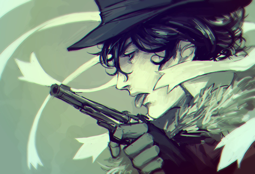 chromatic_aberration finger_on_trigger from_side fur_trim gun handgun hat highres jojo_no_kimyou_na_bouken magenta_magenta male_focus meron_nouka monochrome profile revolver solo steel_ball_run tongue tongue_out upper_body weapon