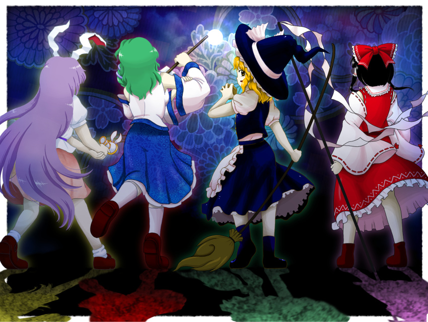 4girls animal_ears apron blonde_hair blue_headwear blue_jacket blue_sky border bow detached_sleeves gohei green_hair hair_bow hakurei_reimu hat highres holding holding_gohei jacket kirisame_marisa kochiya_sanae legacy_of_lunatic_kingdom long_hair looking_at_viewer looking_back multiple_girls nontraditional_miko official_style parasite_oyatsu pink_hair pink_skirt rabbit_ears rabbit_girl red_bow red_jacket red_skirt reisen_udongein_inaba shirt skirt sky textless_version touhou very_long_hair white_apron white_border white_shirt white_sleeves witch_hat yellow_eyes zun_(style)