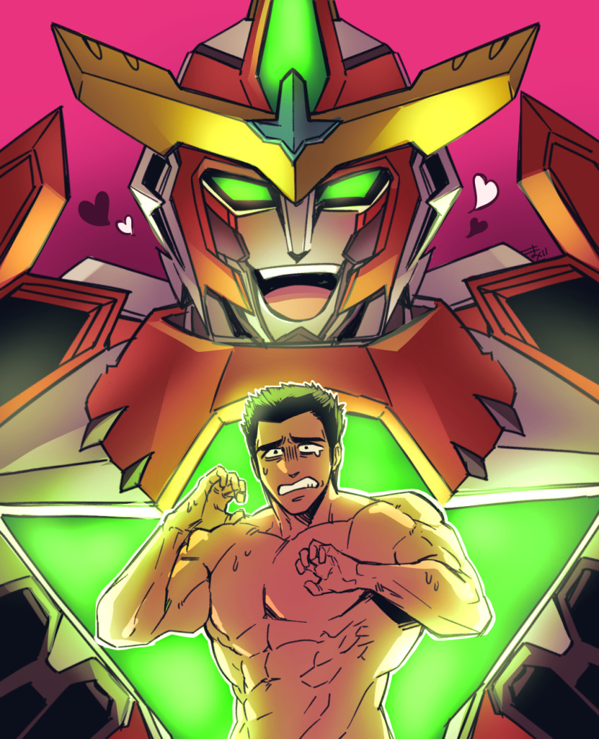 2boys :d abs ao_isami bara black_hair bravern hands_up heart highres ktn_md4 large_pectorals loving_aura male_focus mecha medium_sideburns multiple_boys muscular muscular_male navel nervous_sweating nude open_mouth pectorals robot short_hair size_difference small_hands smile super_robot sweat tearing_up thick_eyebrows upper_body yaoi yuuki_bakuhatsu_bang_bravern