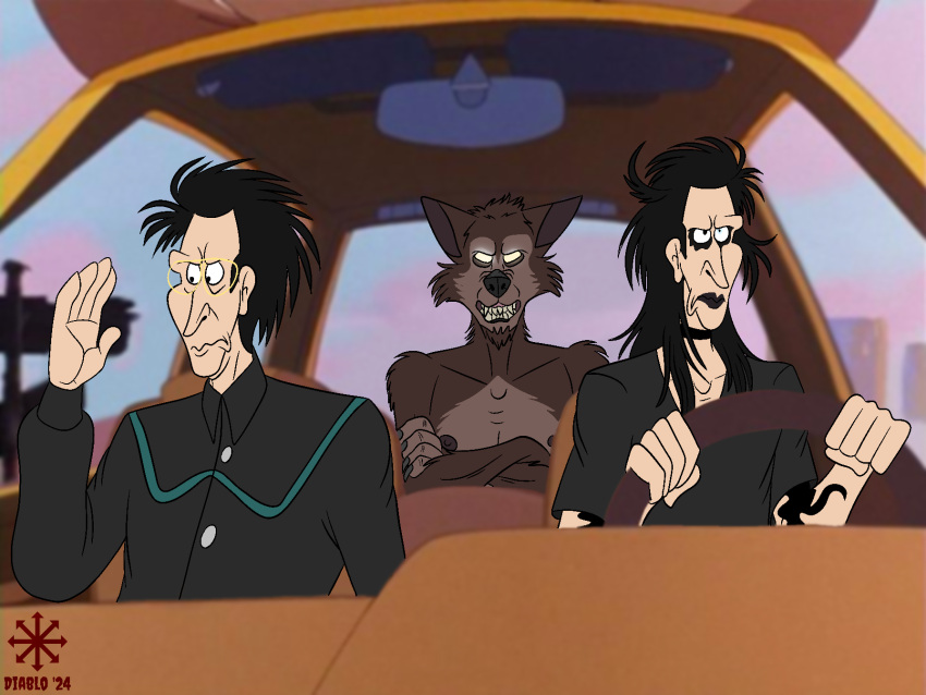 age_difference annoyed anthro bared_teeth canid canine canis car clothing crossed_arms diabloafterdark digital_drawing_(artwork) digital_media_(artwork) disney driving ears_back eyewear frown glasses glowing glowing_eyes goof_troop goth group growling hi_res human let_me_make_you_a_martyr makeup male mammal marilyn_manson mature_male meme pivoted_ears pope_(let_me_make_you_a_martyr) punk shirt t-shirt tattoo the_wolf_of_turkey_mountain topwear trio vehicle were werecanid werecanine werewolf wolf younger_male