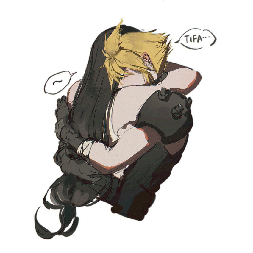 1boy 1girl armor arms_around_neck bandaged_arm bandages bare_shoulders black_gloves black_skirt black_sweater blonde_hair cloud_strife couple cropped_torso final_fantasy final_fantasy_vii final_fantasy_vii_remake gloves highres hug kojimarie long_hair low-tied_long_hair short_hair shoulder_armor skirt sleeveless sleeveless_turtleneck speech_bubble spiked_hair suspender_skirt suspenders sweater tank_top tifa_lockhart turtleneck turtleneck_sweater upper_body white_background white_tank_top