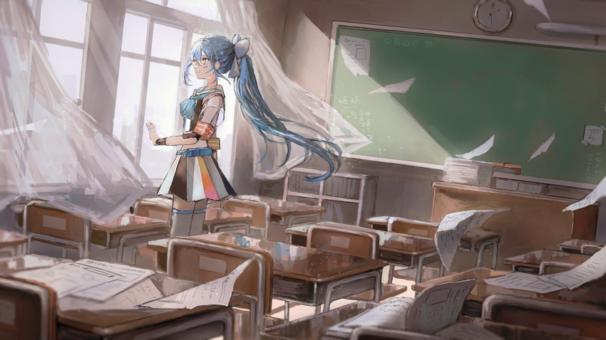 1girl android barcode barcode_tattoo belt blue_belt blue_hair blue_neckerchief bookshelf bow chair chalkboard classroom clock closed_mouth commission curtains day desk flying_paper hair_bow highres kumagai_yuka light_particles long_hair multicolored_clothes multicolored_skirt neckerchief original paper pleated_skirt ponytail reflective_surface sailor_collar school_chair school_desk see-through see-through_sleeves short_sleeves skirt smile solo tattoo thighhighs virtual_youtuber white_bow white_sailor_collar white_thighhighs wind window yellow_eyes