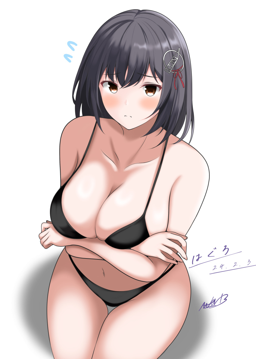 1girl abataa absurdres bikini black_bikini black_hair blush breasts brown_eyes collarbone crossed_arms embarrassed haguro_(kancolle) hair_ornament highres kantai_collection large_breasts looking_at_viewer navel short_hair signature sitting solo swimsuit