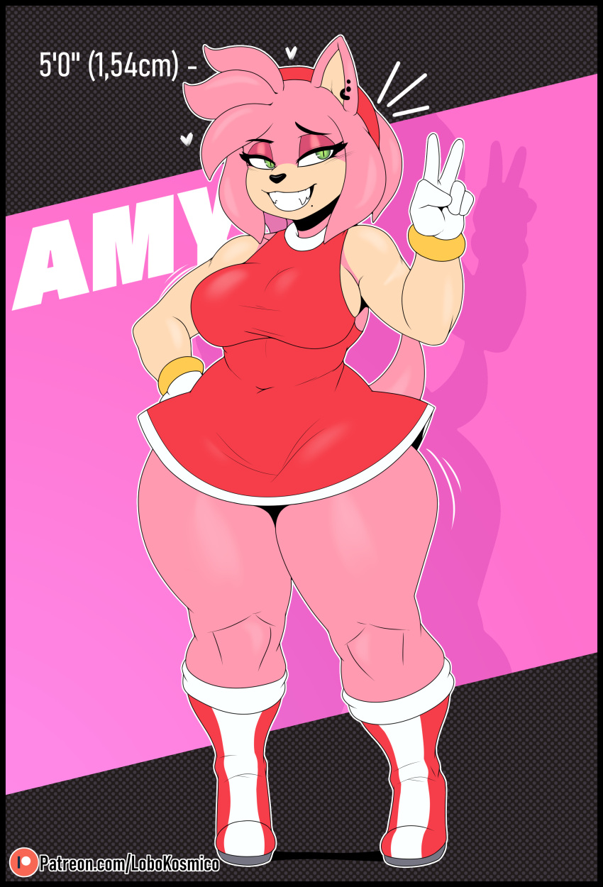 abstract_background absurd_res amy_rose anthro big_breasts breasts clothed clothing curvy_figure digital_drawing_(artwork) digital_media_(artwork) dress eulipotyphlan female footwear fur gesture gloves green_eyes hair hand_on_hip handwear hedgehog hi_res lobokosmico looking_at_viewer mammal pink_body sega simple_background solo sonic_the_hedgehog_(series) standing tail text thick_thighs v_sign wide_hips