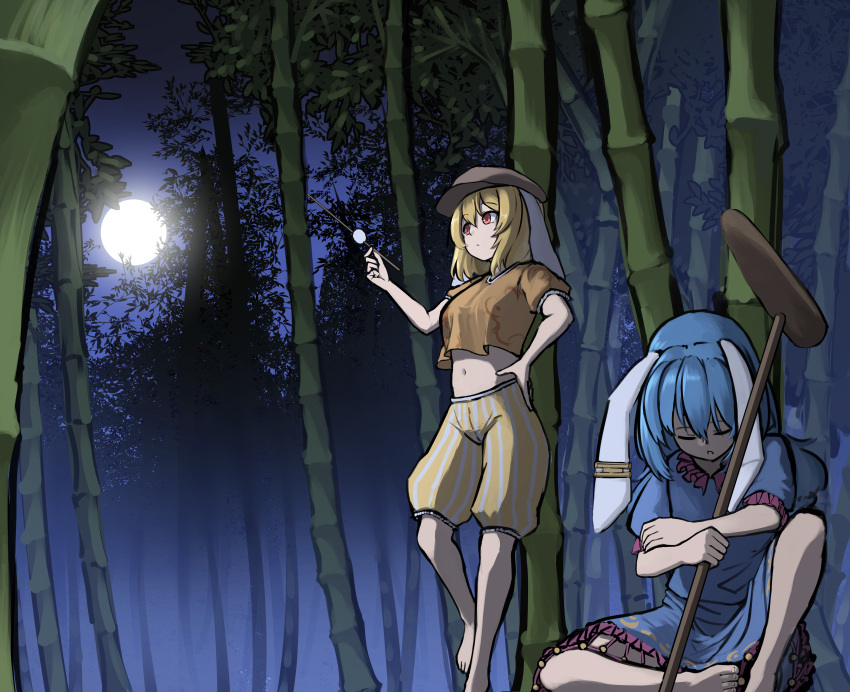 2girls absurdres allcy49 animal_ears bamboo bamboo_forest barefoot blonde_hair blue_dress blue_hair closed_eyes crop_top dango dress earclip food forest hand_on_own_hip hat head_down highres holding holding_food holding_mallet holding_weapon kine mallet medium_hair moon multiple_girls nature navel night night_sky orange_shirt patterned_clothing rabbit_ears red_eyes ringo_(touhou) seiran_(touhou) shirt short_hair shorts sitting sky standing striped_clothes striped_shorts touhou wagashi weapon yellow_shorts