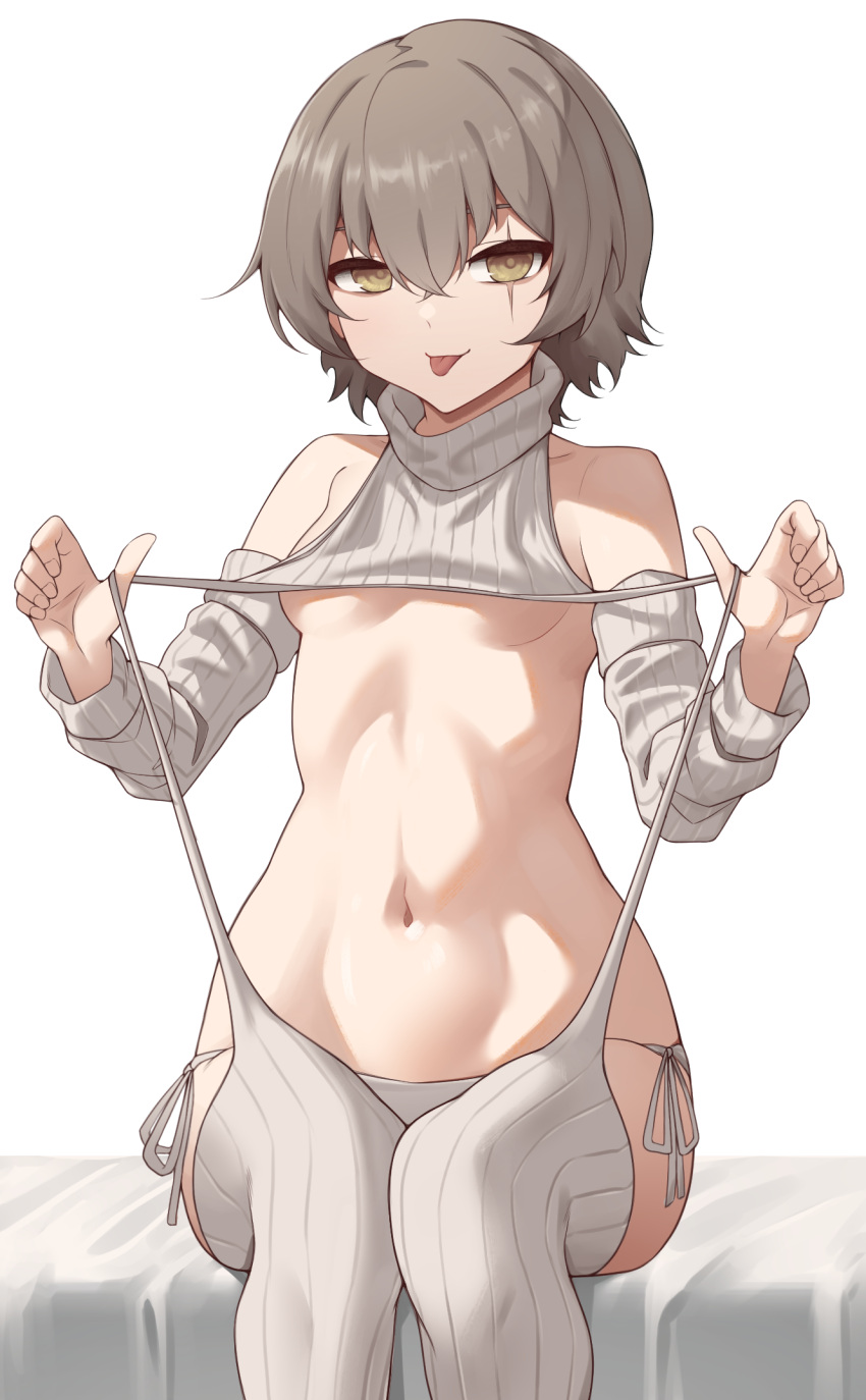 1girl :p act_(xadachit) bare_shoulders breasts brown_hair clothes_lift collarbone commission detached_sleeves english_commentary fingernails girls'_frontline girls'_frontline_2:_exilium hair_between_eyes hands_up highres looking_at_viewer medium_hair meme_attire navel panties scar scar_across_eye side-tie_panties sitting small_breasts solo stomach sweater sweater_lift thighhighs tongue tongue_out ump45_(girls'_frontline) underwear virgin_destroyer_sweater white_background white_panties white_sweater white_thighhighs yellow_eyes